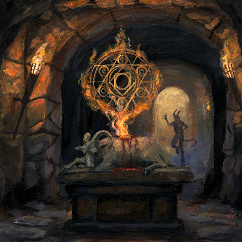 Ritual altar with a burning sigil and demon silhouette in the background