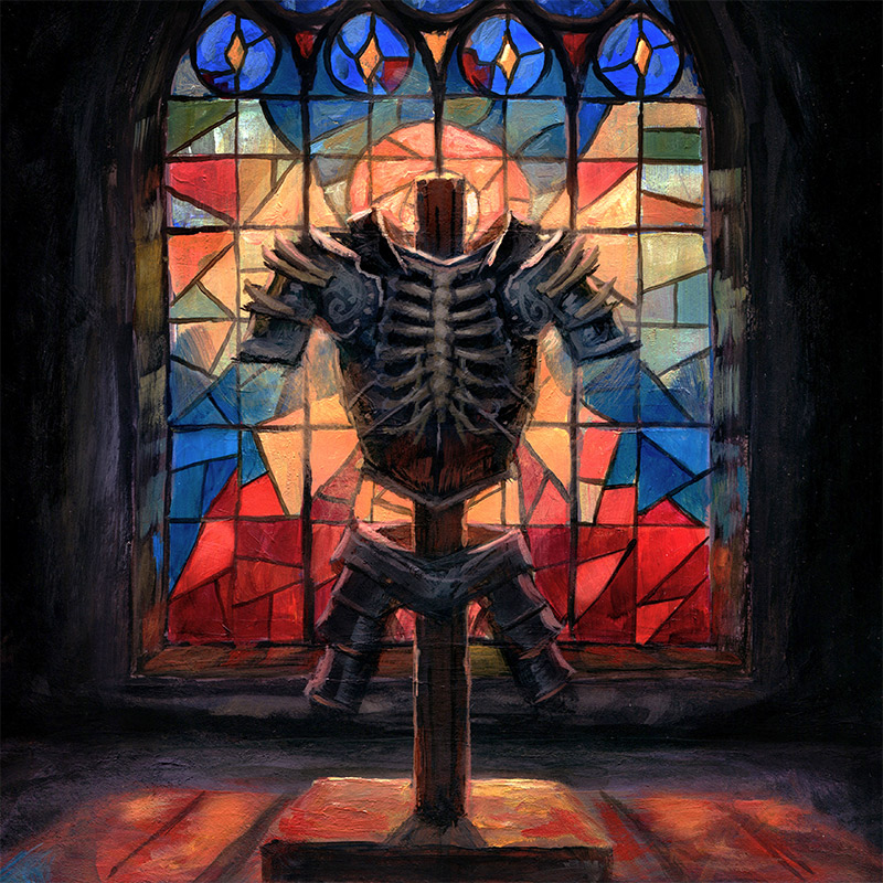 Display armor framed by stained glass artwork
